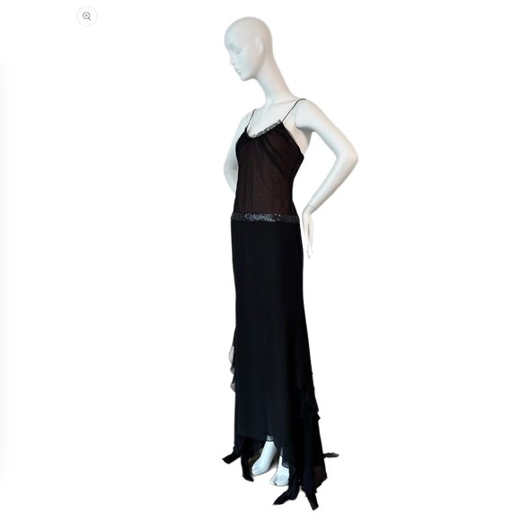 2005 VERA WANG Vintage Black Mesh Panel Evening Gown - Picture 2 of 8